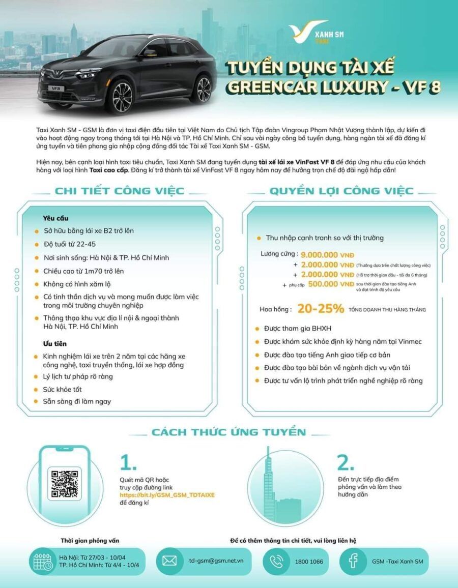 Ứng tuyển tài xế taxi VinFast VF8 (Greencar Luxury )
