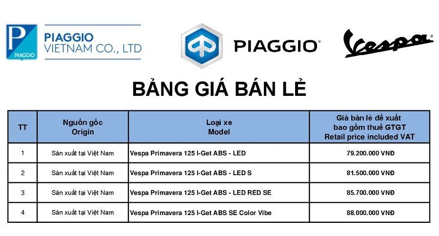 Bảng giá bán Vespa Primavera 2023 tháng 6/2023