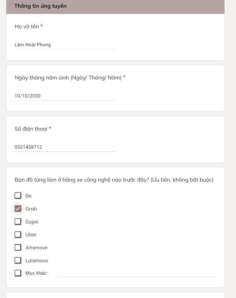 Form ứng tuyển Tài Xế Xe Ôm Xanh SM VinFast